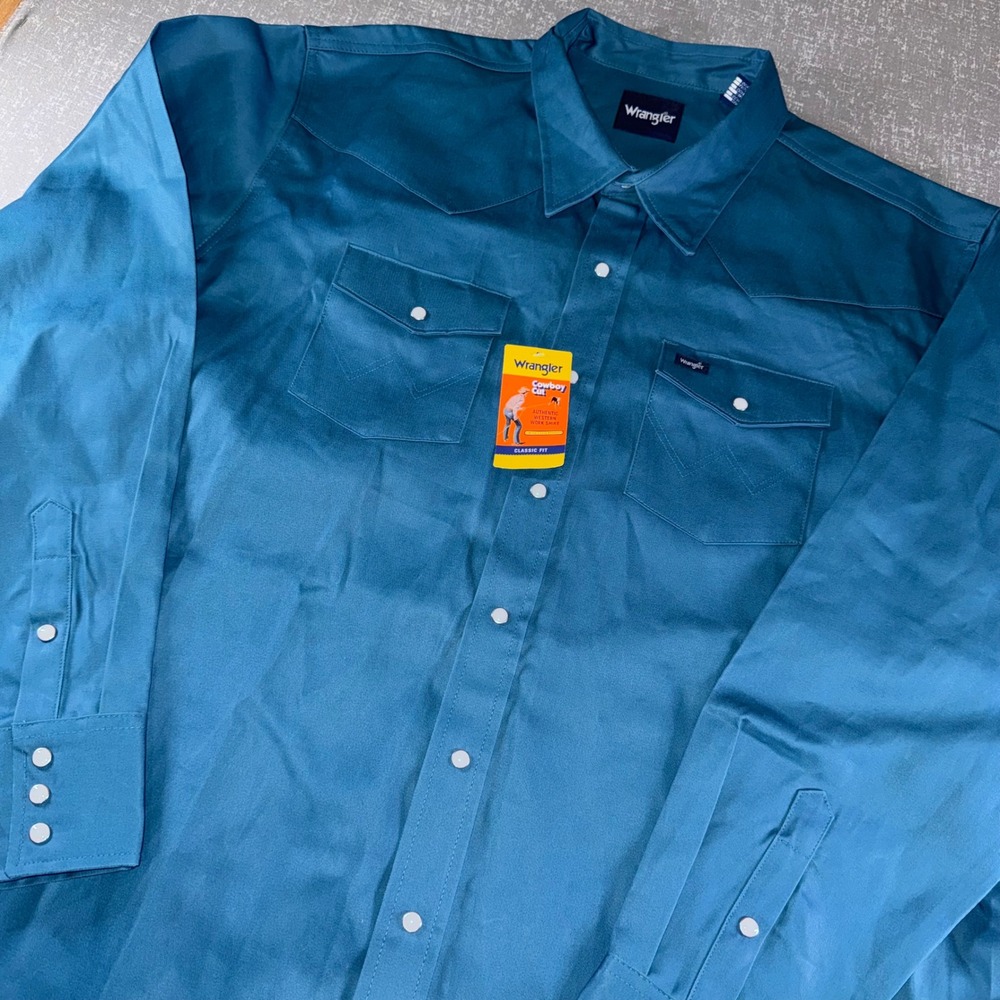 Wrangler Cowboy Cut Western Shirt Mens 3XT Teal Blue Pearl Snap Work Shirt NEW
